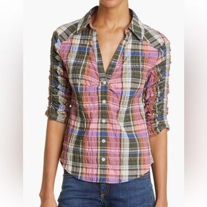 Veronica Beard Porta Plaid Metallic Button Down Shirt